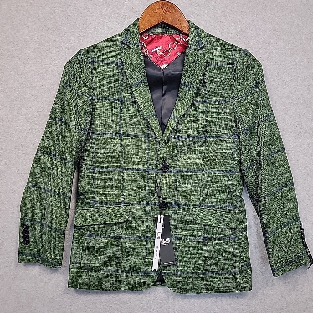 NEW Elie Balleh Boy's Windowpane Blazer Green And Blue Size Medium 10/12 years